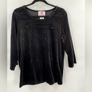 Quacker factory black velvet sequin long sleeve blouse size M
